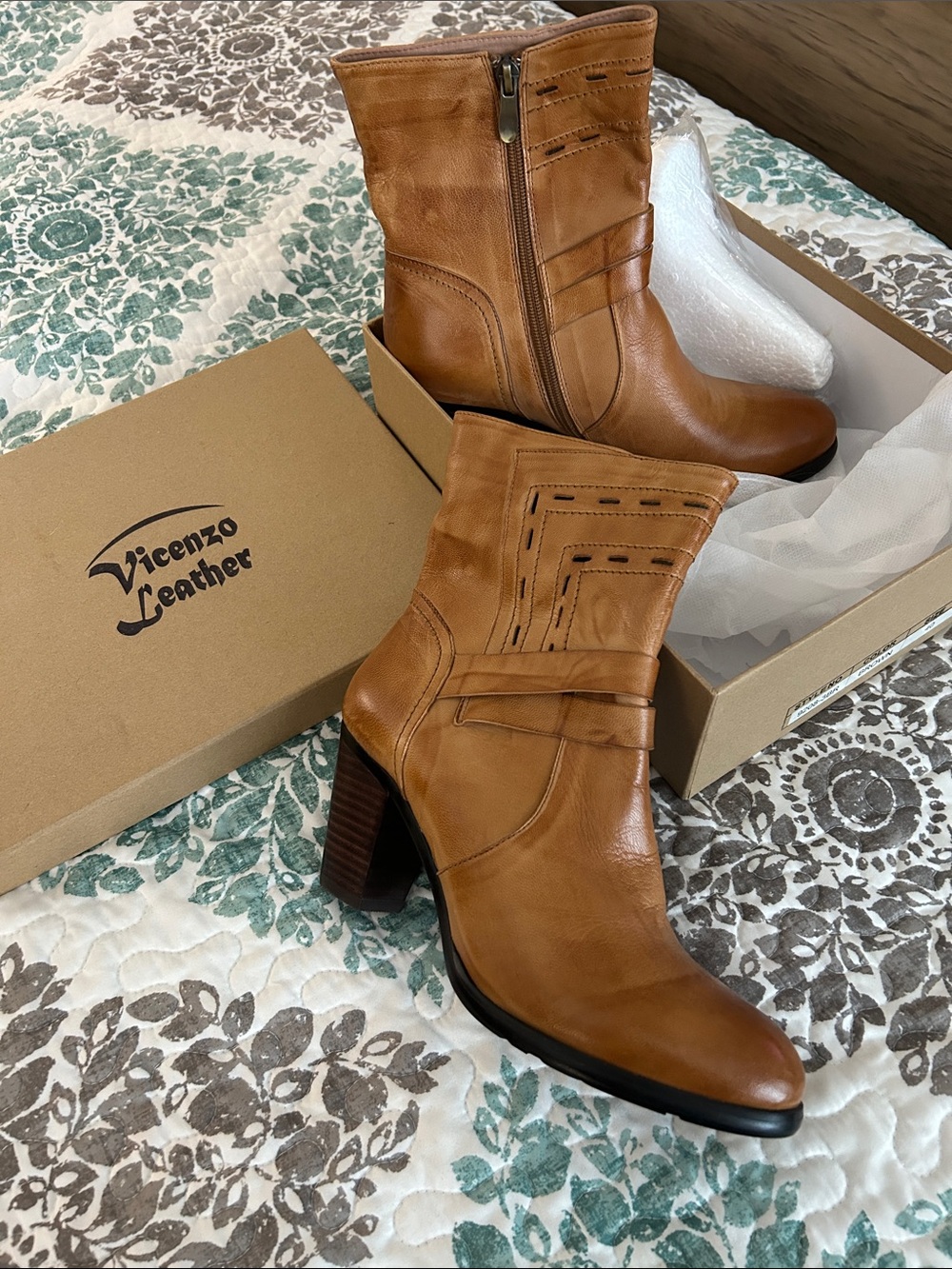 Women's Tan Leather Heeled Mid-Calf Boots